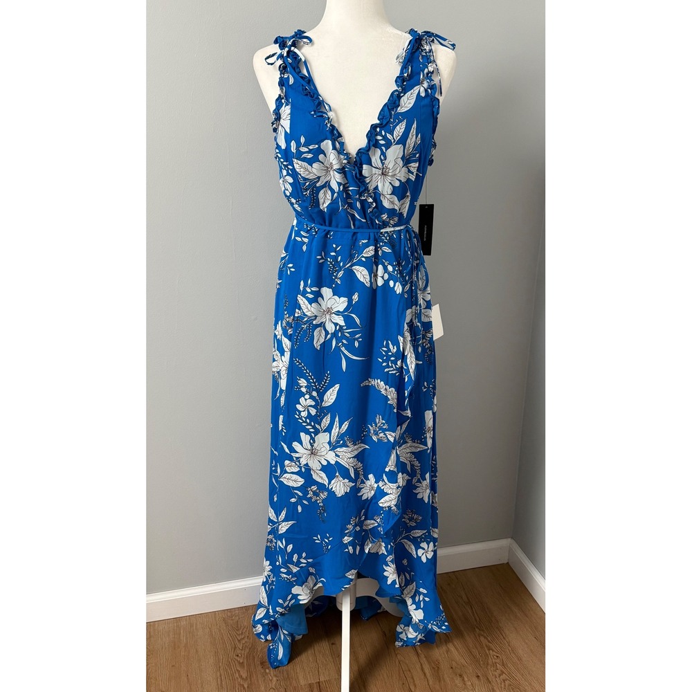 Lulus Sun Salutation Floral Ruffled Wrap Royal Blue Maxi Dress L High Low NEW